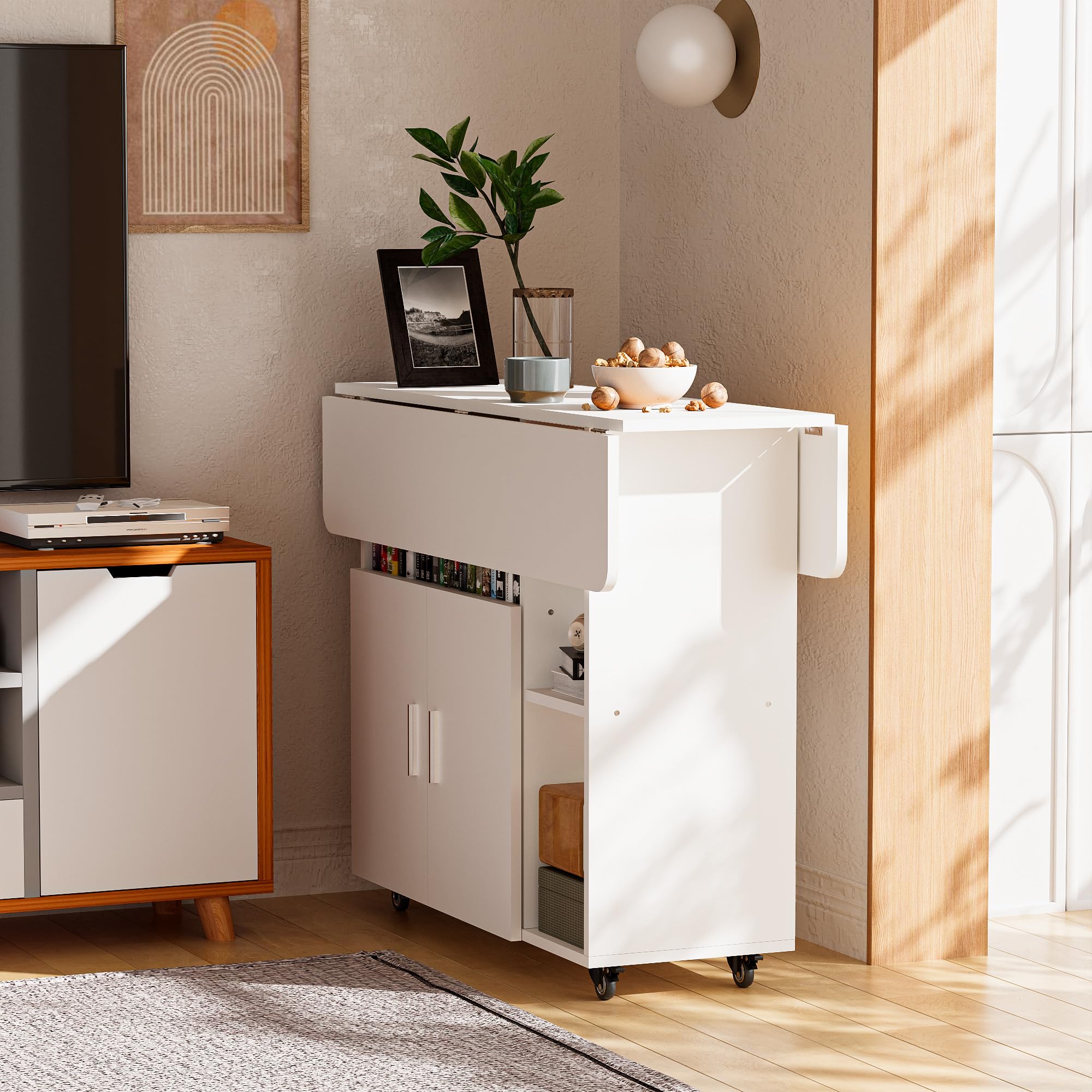 Ztexkee Mobiler Klapptisch Klappbarer Esstisch auf Rädern Klapptisch mit 1 großen Schrank und 3 offenen Fach Sideboard Mobiler Esstisch für kleine Räume Esszimmer Küche 100 x 70 x 79 cm Weiß 6