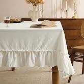 Romanstile Ruffled Rectangle Tablecloth, White, 60 x 120 Inch | Farmhouse Vintage, Washable Cotton, Flounces Trim, For Dinner, Party, Holiday, and Outdoor