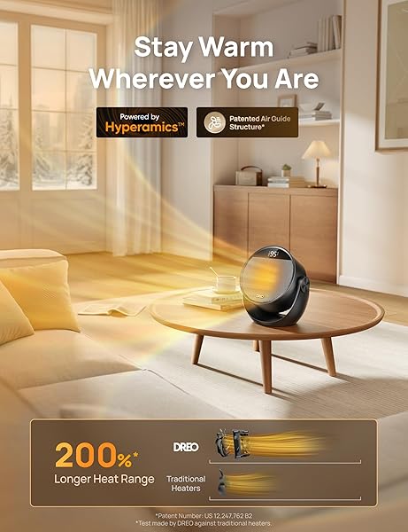 DREO SPACE HEATER 1500W, 60° ADJUSTABLE TILT, 10.5FT/S PORTABLE ELECTRIC HEATERS FOR INDOOR USE WITH THERMOSTAT, 8 SAFETY PROTECTIONS, 3 MODES, REMOTE, QUIET DESK HEATER FOR BEDROOM, OFFICE, BLACK