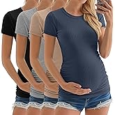 Neer 4 Pack Women's Maternity Shirts Ribbed Short Sleeve Maternity Tops Crew Neck Cotton Tee Side Ruched Pregnancy Clothes
