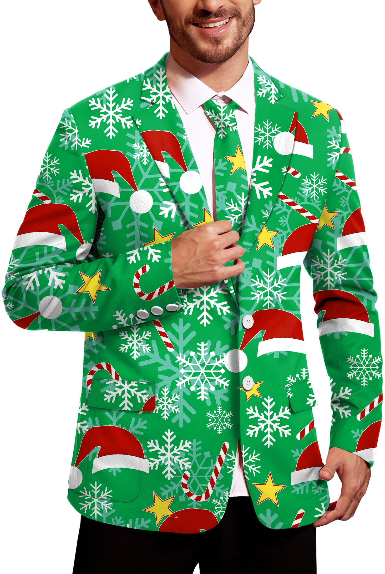 Photo 1 of Arvilhill Men's Xmas Green Blazer Candy Cane Santa Hat Pattern 3D Printed Ugly Christmas Suit with Tie L