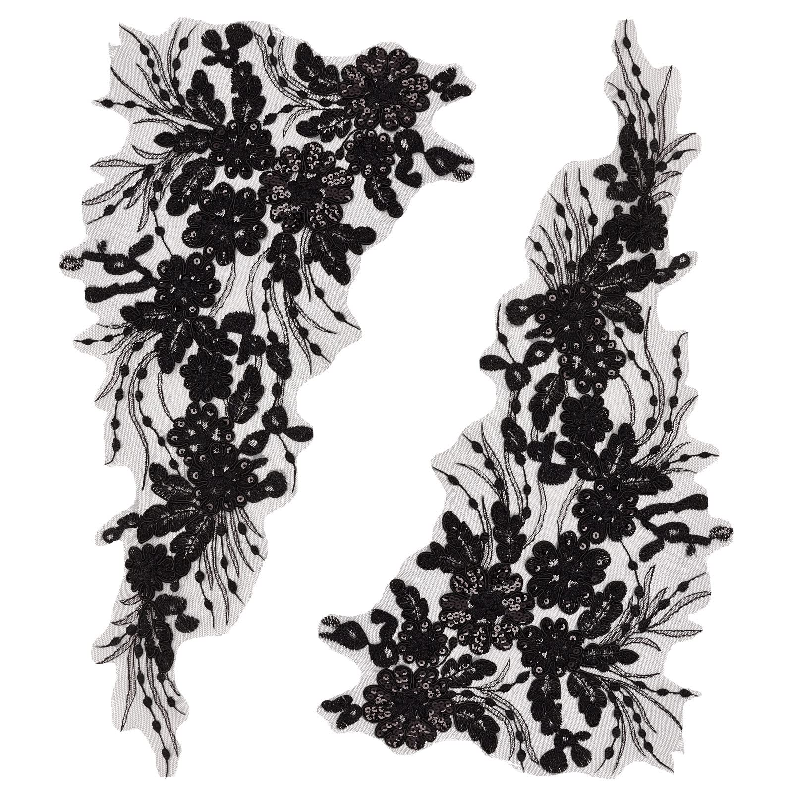 GORGECRAFT 1 Pair 3D Flower Embroidery Lace Fabric Black Sequin Ribbon Trim Embroidered Bead Floral Applique Sew on Patches Glitter Sewing Ornament Paillette Diy Costume Accessories for Bridal Wedding