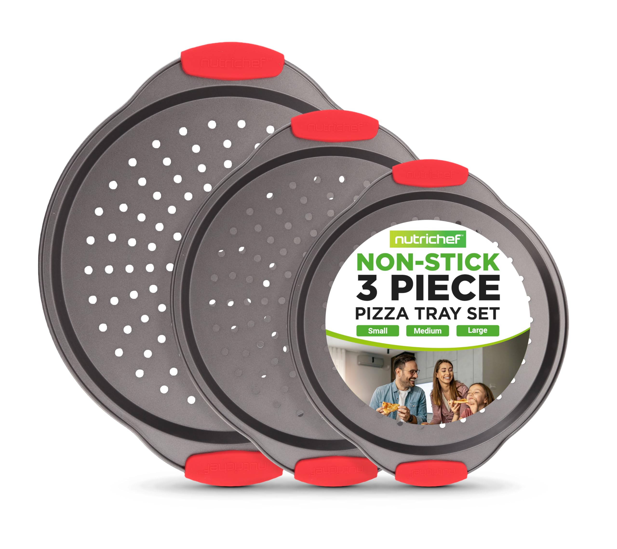 NutriChef 3-Piece Pizza Tray Set with Silicone Handles - Round Nonstick Pizza Pan with Perforated Holes, Durable Carbon Steel, Small, Medium, Large Sizes - Ideal for Crispy, Evenly Baked Pizzas (Gray)
