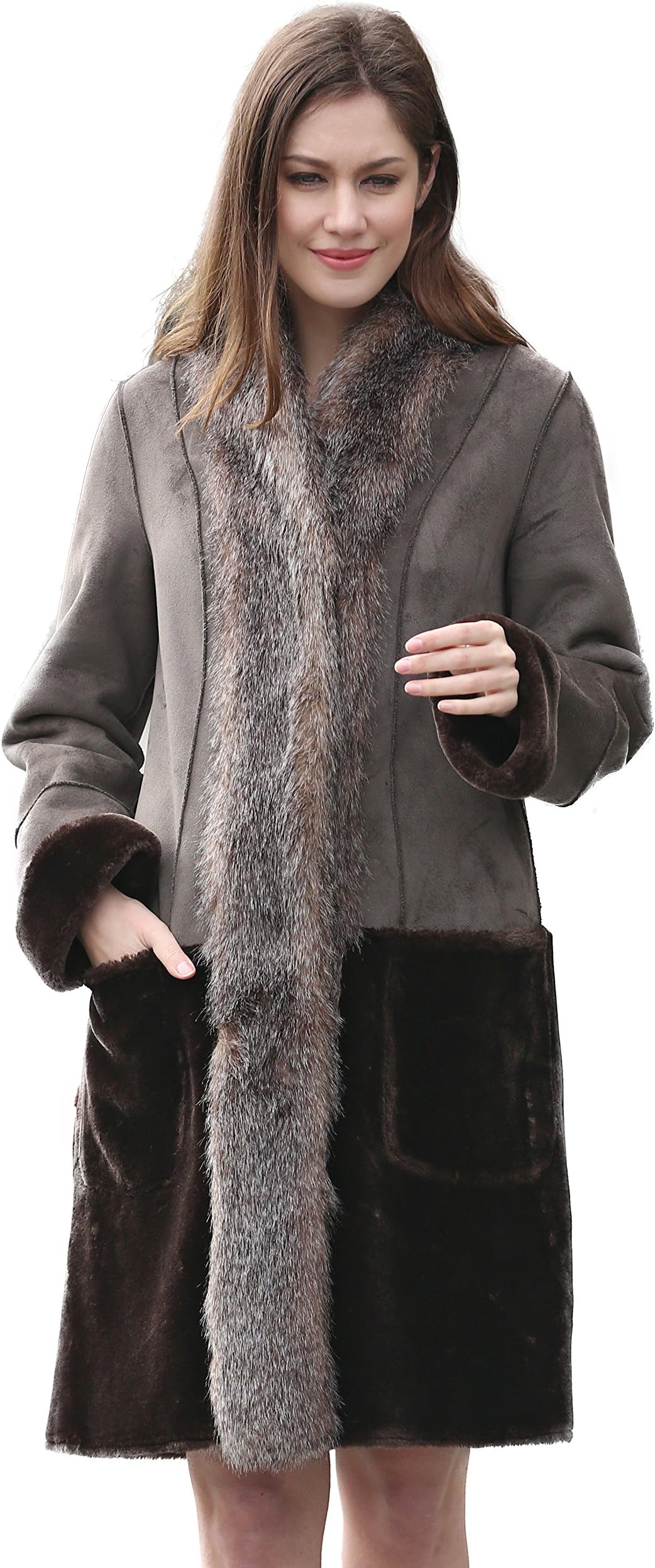 Clearance! Adelaqueen Women's Grey Faux Suede Fur Border with Sheard Mink Coat