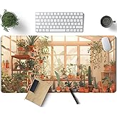 Cute Plant Lover Desk Mat Cozy Mouse pad Beige, XXL Large Extended Earthy Brown Green Aesthetic Floral Mousepad Gaming Desk Pad, Big Laptop Keyboard and Mouse Mat with Stitched Edges 31.5x15.7 in