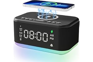 BROSERENGY TECH Alarm Clock Speaker Wireless Charger, Digital Alarm Clocks Bedrooms Bluetooth, Alarm Clock Dimmable Light Bedrooms Dual Alarm Snooze Dimmer 12 24H RGB Night Light Bluetooth USB AUX, Black