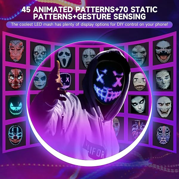 FUNLE LED MASK FACE TRANSFORMING, APP-CONTROLLED LIGHT UP MASK WITH GESTURE SENSING, DIY CUSTOM DISPLAY, RECHARGEABLE LED MASK FOR HALLOWEEN, PARTY & COSPLAY