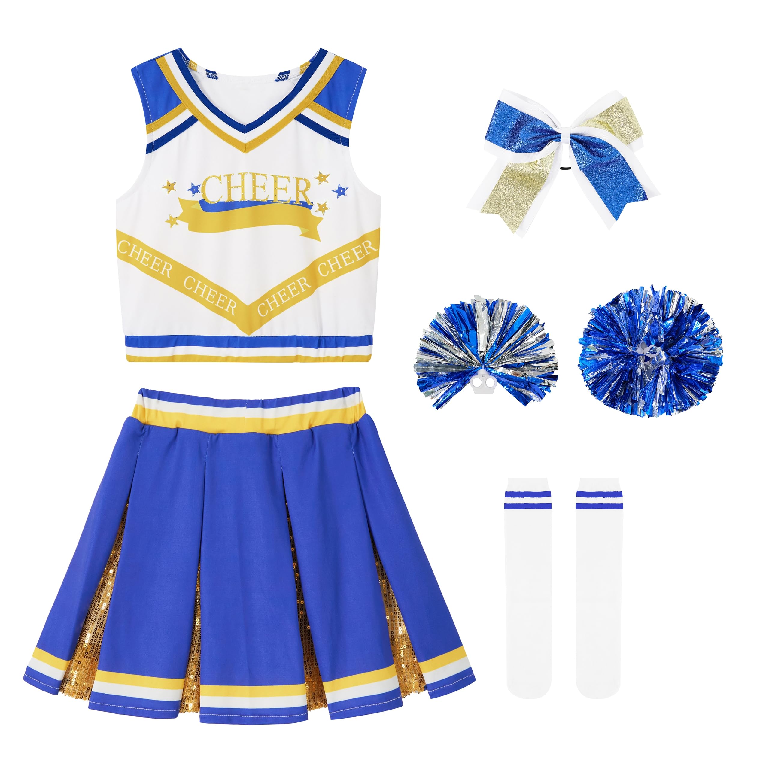 LOLANTA Girls Blue Cheerleader Costume Kids Sequin Cheerleading Outfit with Pompoms Socks, Halloween Fancy Dress Costume for Girls(Blue,9-10 Years,Tag Size 140)