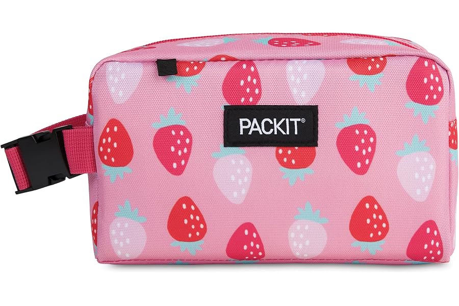 PackIt Freezable Snack Box, Sweet Strawberry | Built-in ice packs, EcoFreeze+ Technology, Mini cooler, Office snacks, Small lunches, Buckle handle, Collapsible, Reusable