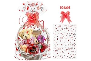WeDoSoy 10 Pcs Large Cellophane Bags for Valentine's Day Gifts - 16x24 inch with 10pcs Pull Bows for Gift Packaging, Baskets, Wine Bottle, Plush Toys and More (Little Red Heart Style)
