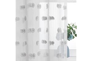 MYSKY HOME Grey Curtains for Bedroom Windows 2 Panels Pom Pom Sheer Curtains 84 Inch Long for Living Room Nursery Kids Room Rod Pocket Boho Farmhouse Dining Room Window Drape 52 x 84 inch