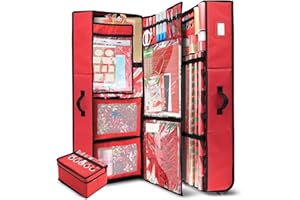 Hearth & Harbor Wrapping Paper Storage Container with Ribbon Dispenser and Interior Pockets - Large Christmas Storage Containers with Wheels, Fits 30 Rolls of 40" Length, Red