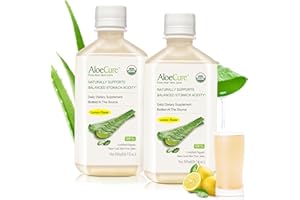 AloeCure USDA Organic Aloe Vera Juice Lemon Flavor - Made Within 12 Hours of Harvest - Natural Digestive Supplement for Balanced Stomach Acidity - Support Digestive and Immune Health, 2 Btls x 16.7oz