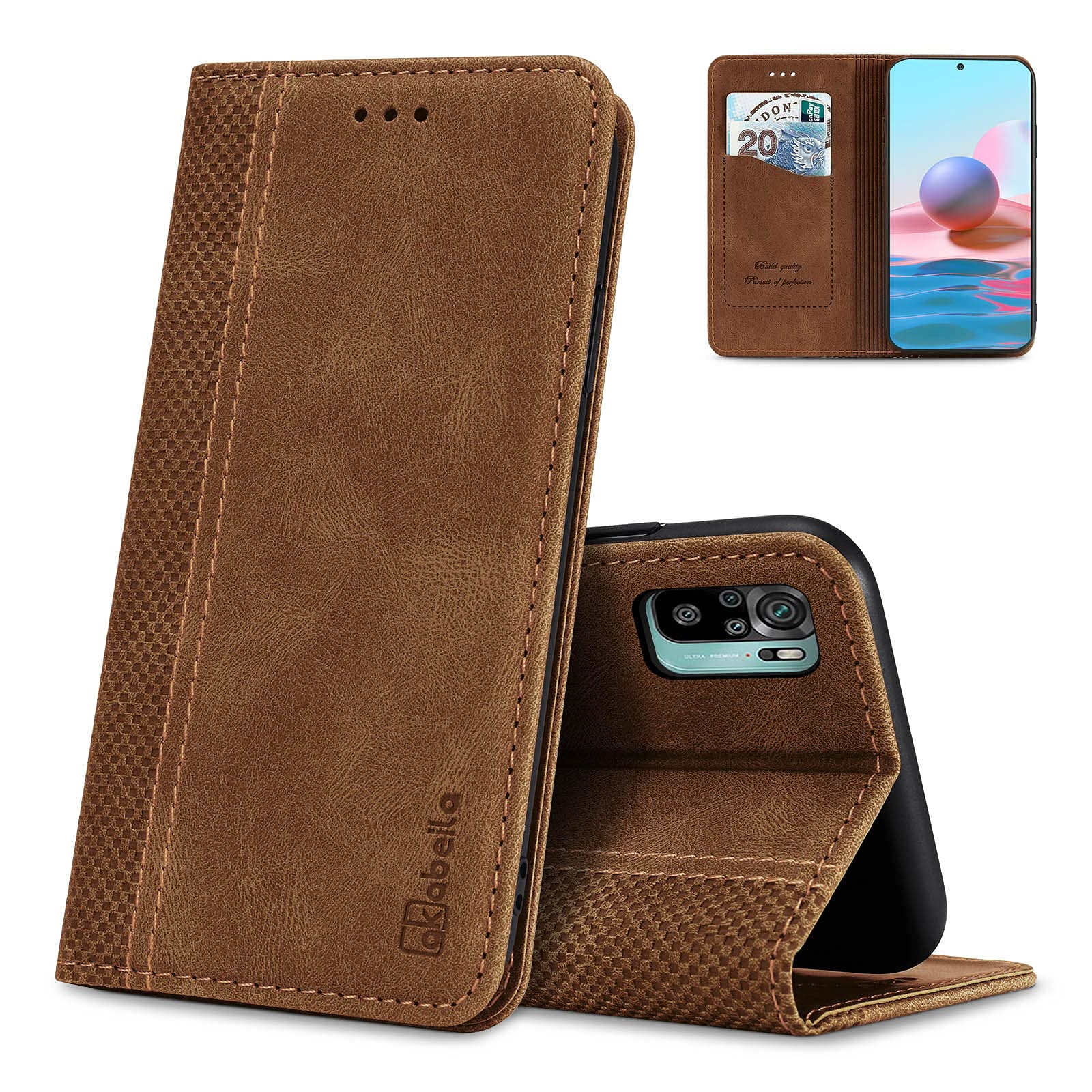 AKABEILA Case for Xiaomi Redmi Note 10 4G PU Leather Flip Wallet Case with Magnetic Closure Kickstand Card Slots Folio Phone Case Cover Shockproof Light Brown