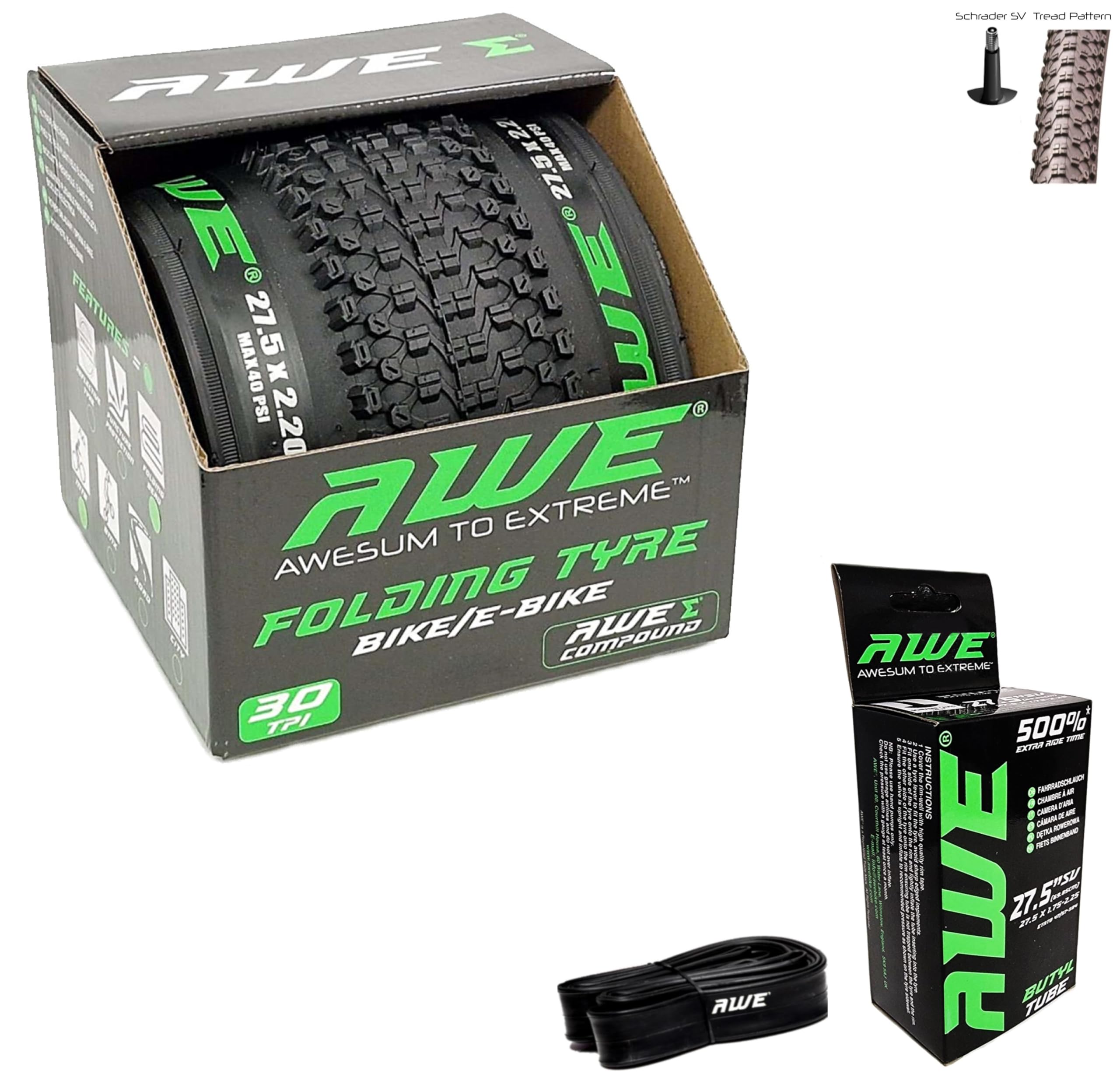 1 x AWE AWERide Folding Tyre 27.5 x 2.20 cm MTB and 1 x AWE Inner Tube 27.5" x 1.75-2.25 Schrader Valve, Tyre/Tube set for MTB