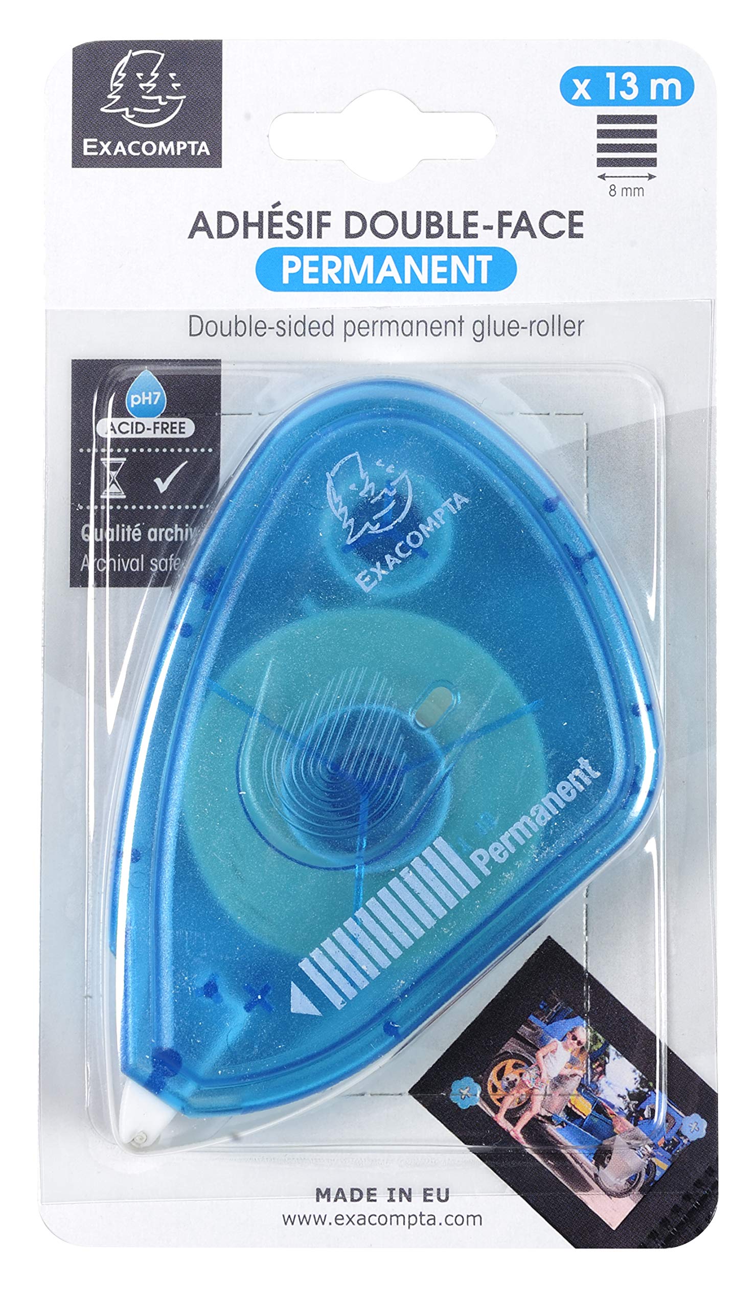 Exacompta - Ref 12996E - Double-Sided Glue Roller - 13m Tape Length, pH Neutral Will Not Damage Photos, Blue Plastic, Photos Cannot Be Removed After Sticking - Permanent Adhesive