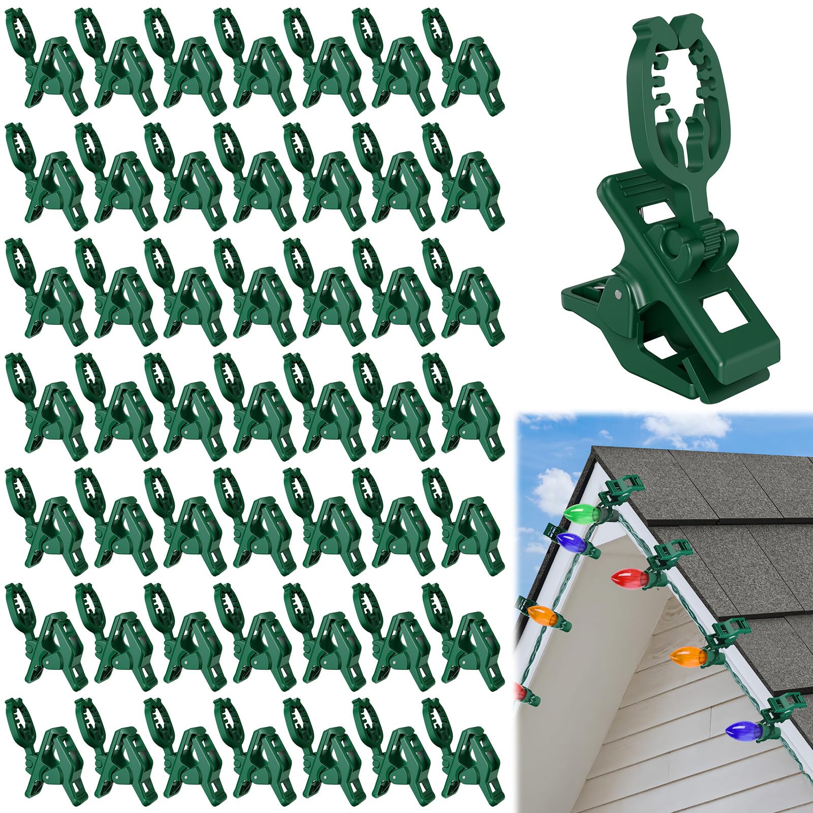 Photo 1 of KJX Large C7 C9 Christmas Lights Spring Clips, 100 Pack Universal Gutter Roof Clips 180° Adjustable for Christmas Lights Outdoor, Quick Light Hooks Hangers for Holiday Shingle Fence Gates