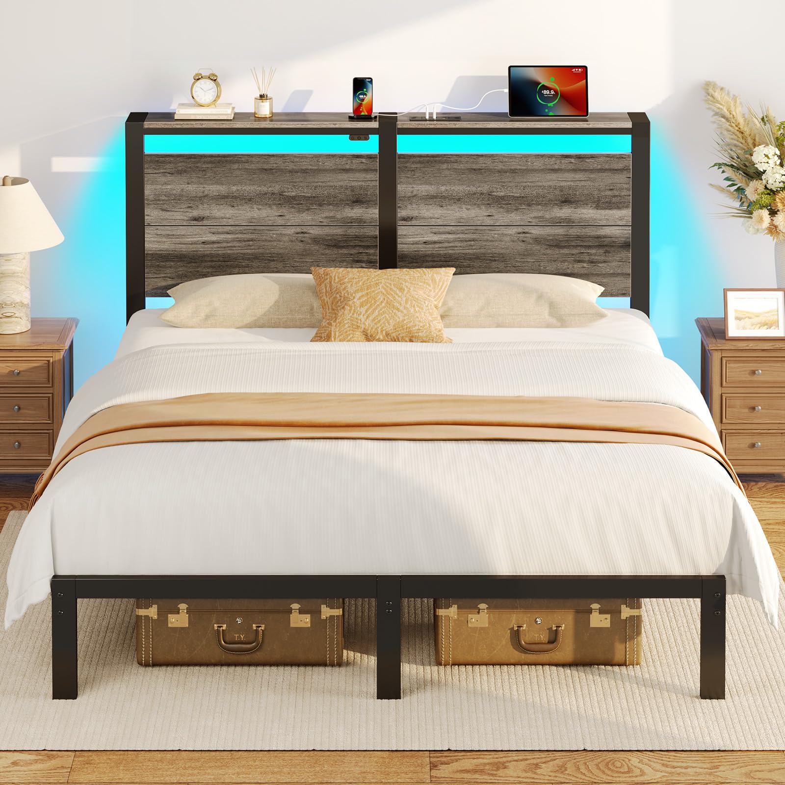 Rolanstar Queen Bed Frame with Charging Station, LED Bed Frame Queen with Wood Storage Headboard, Platform Bed with Metal Slats & Under Bed Storage, No Box Spring Needed, Noise Free, Deep Grey Image