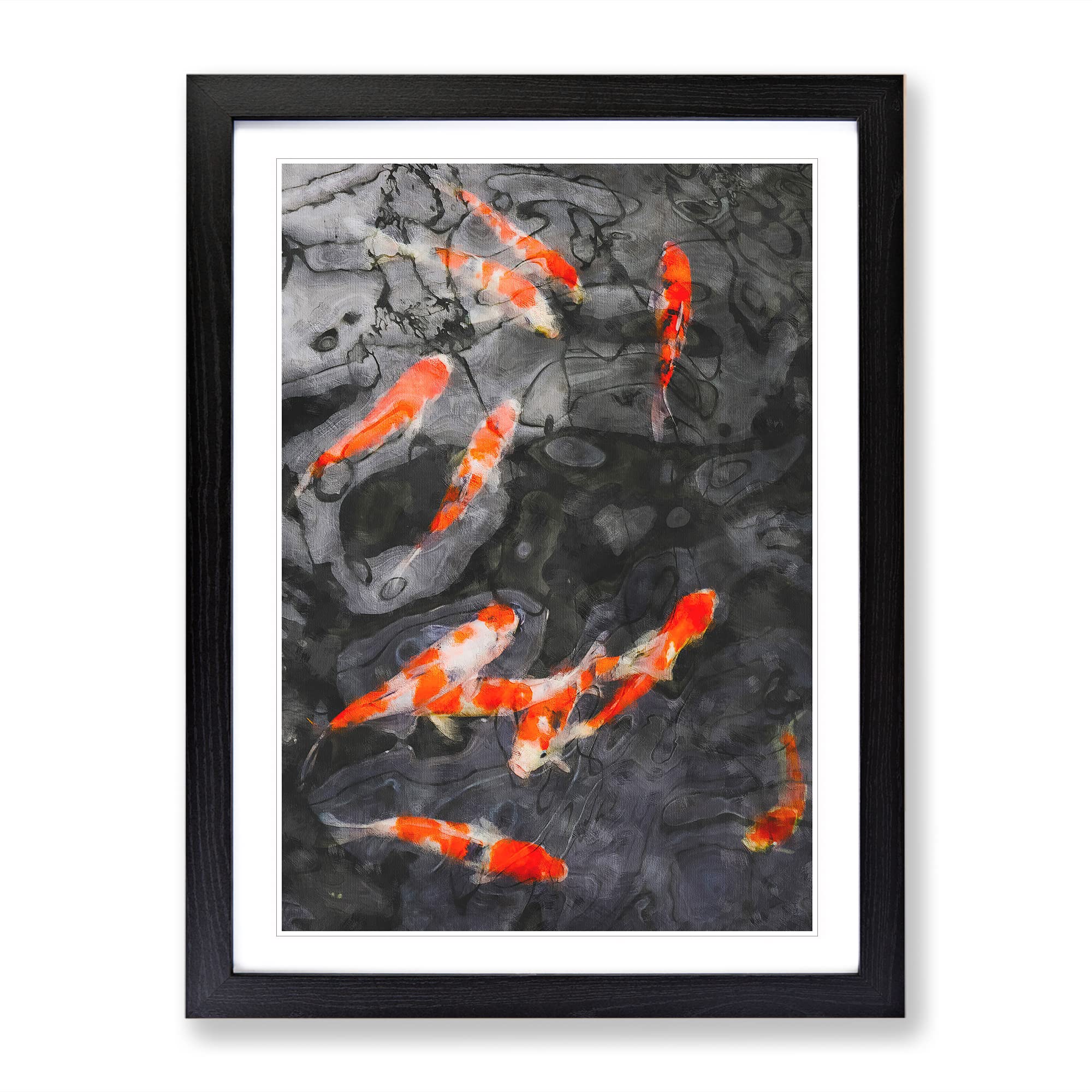 Carp & Koi Fish Painting Modern Framed Wall Art Print, Ready to Hang Picture for Living Room Bedroom Home Office Décor, Black A4 (34 x 25 cm)