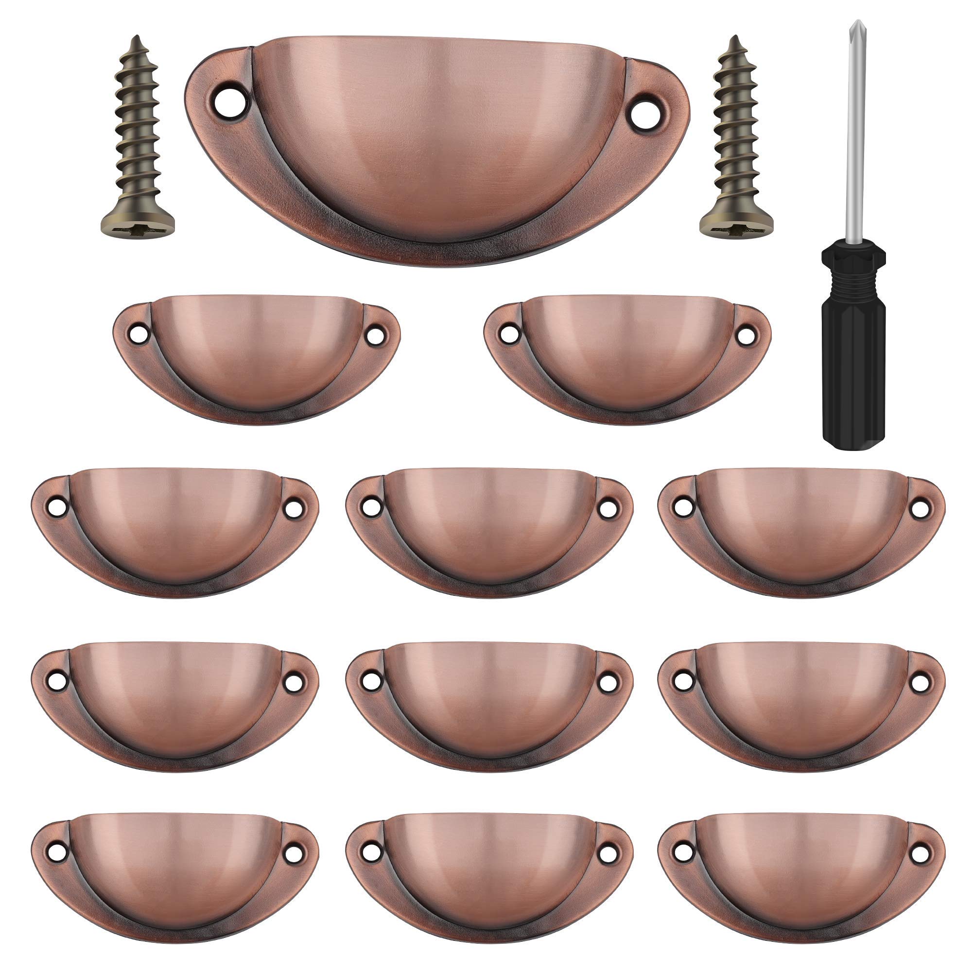 Vandicka 12 Pcs Vintage Half Moon Shell Cup Pull Handles for Cabinet Cupboard Door Dresser Wardrobe Drawer with Screws, 65mm Hole Centres, Brushed Copper