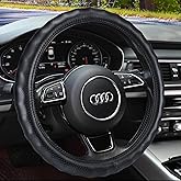 Haokay Heavy Duty Pure Cowhide Steering Wheel Cover, Black Genuine Leather Steering Wheel Cover Men Women Comfort Finger Grips Universal 14.5 to 15 Inch