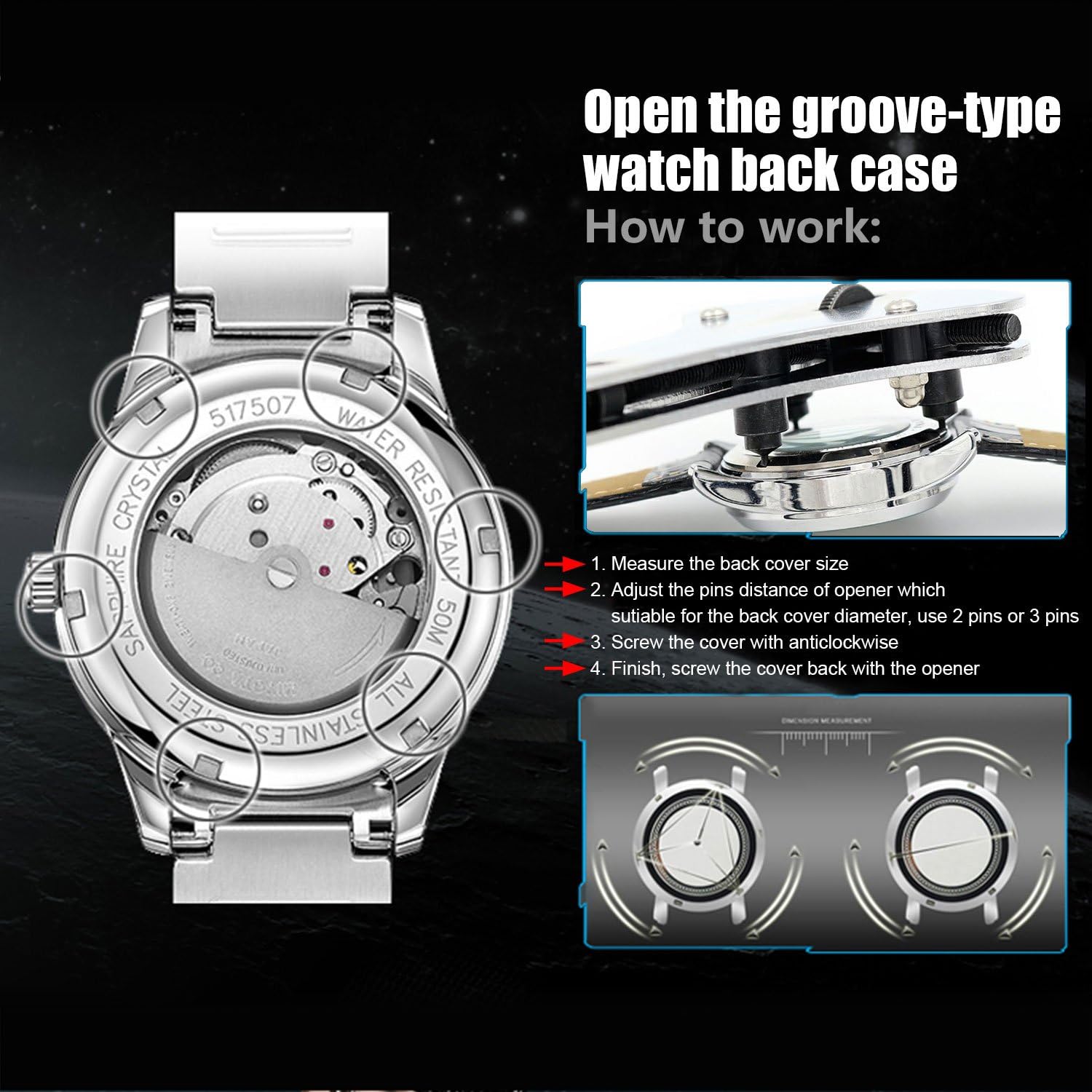 Zeiger Adjustable Watch Back Case Removal Opener Large Watch Batteries Changing Replacement Repair Resizing Tool Set Kit for Men Big Watch: Home Improvement