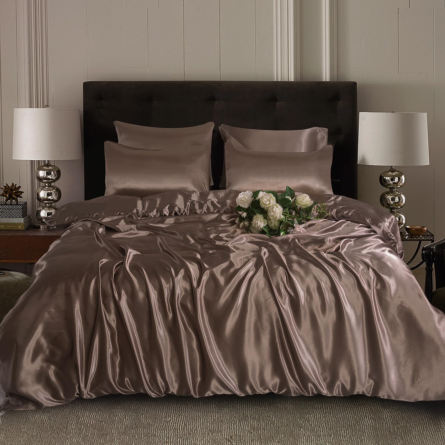 ROOEE Satin Silk Complete Bedding Set - 4 PCS - Fitted sheet, Duvet Cover, 2 Pillow Cases. Color - Mink Size - Single
