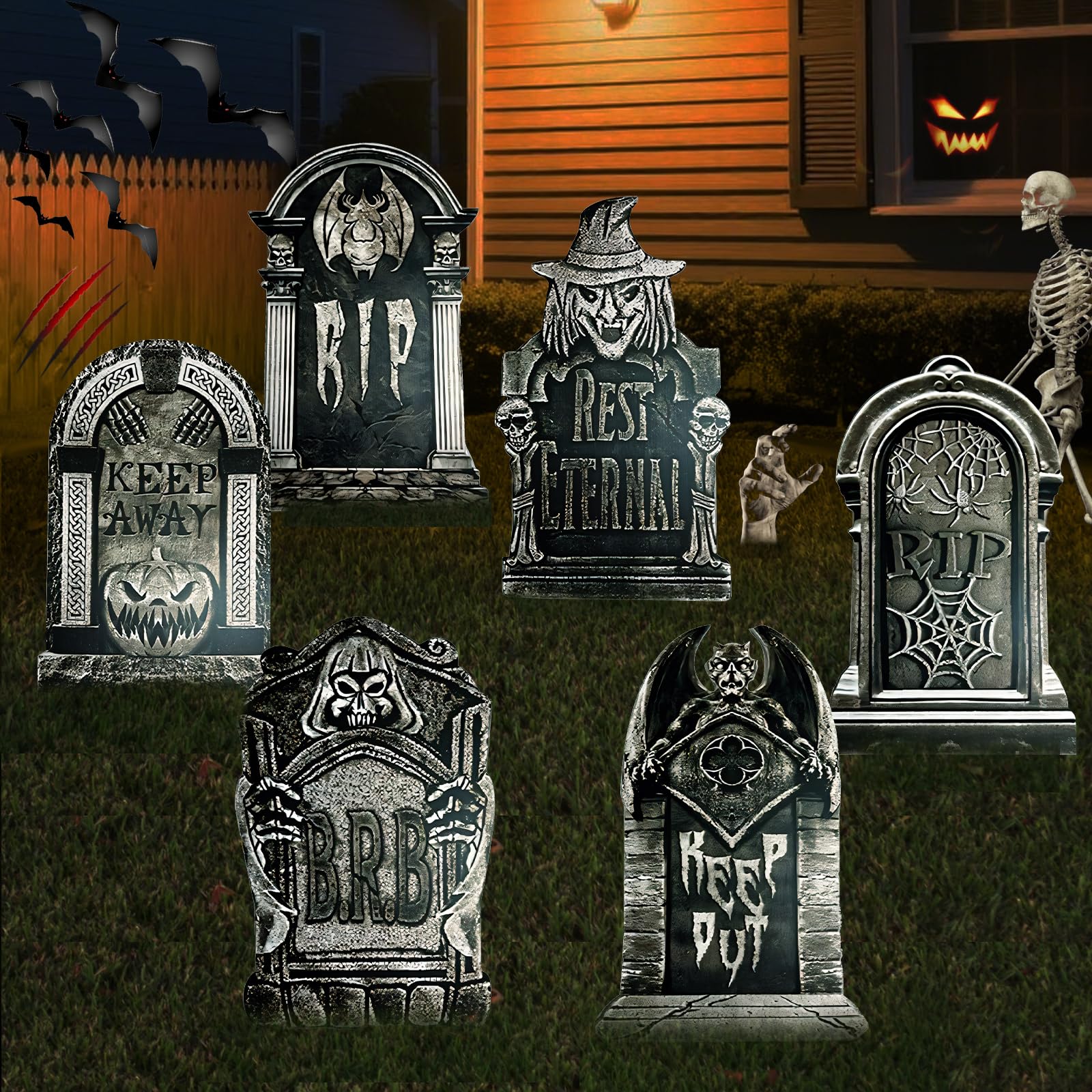 Photo 1 of 17inch Halloween Tombstones Decorations 6PCS Graveyard Halloween Decorations Outdoor, Plastic Halloween Gravestones Headstone Yard Signs for Yard Decor