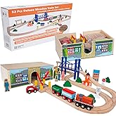 ORBRIUM 52 Pcs Deluxe Wooden Train Set with Wooden Storage Box Tunnel Compatible with Thomas, Brio, Melissa (Wooden Box - 52 