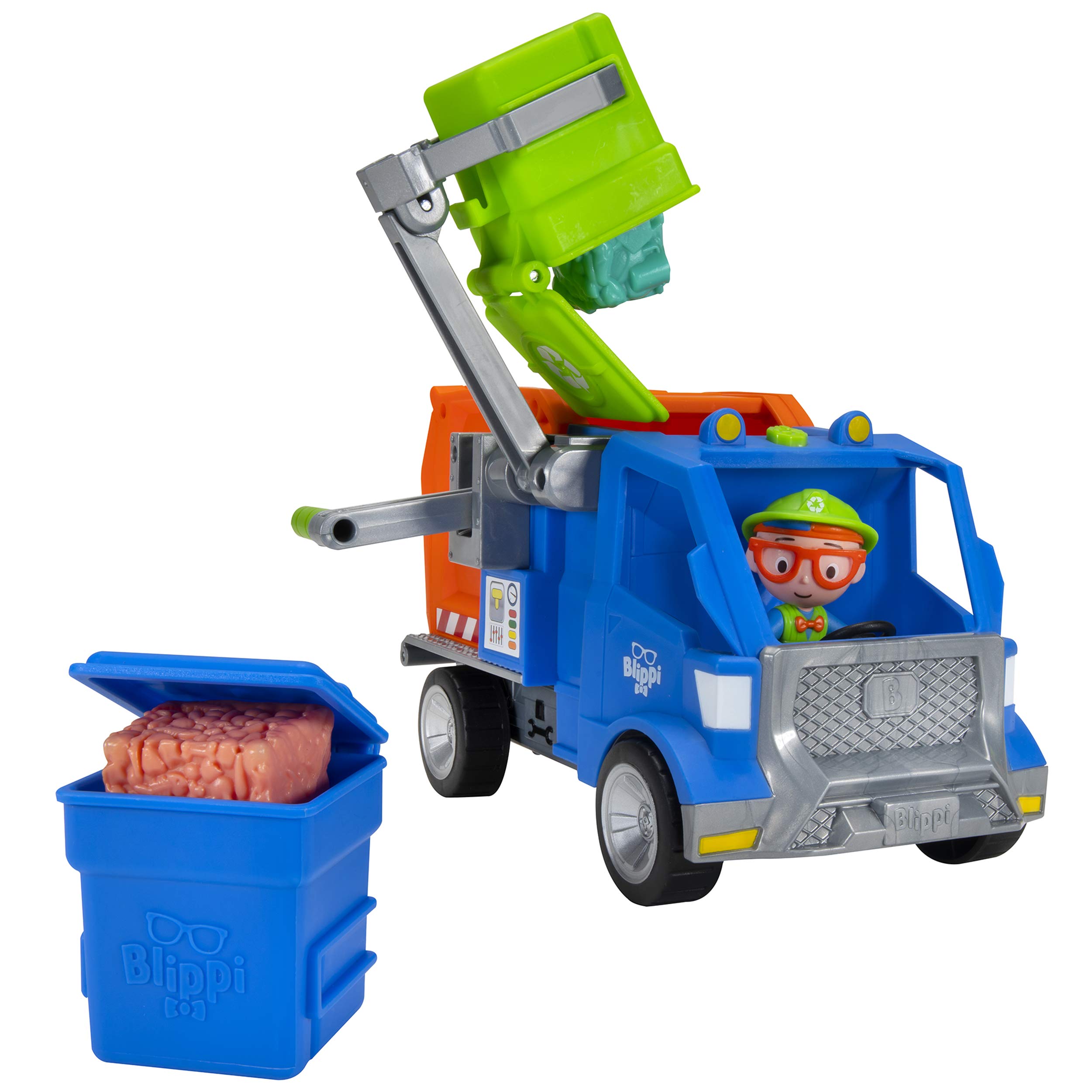 Camión de reciclaje Blippi - Incluye figura de personaje, palanca de trabajo, 2 cubos de basura, 2 contenedores de reciclaje - Canta junto con frases populares - Juguetes educativos para niños - Exclusivo de Amazon