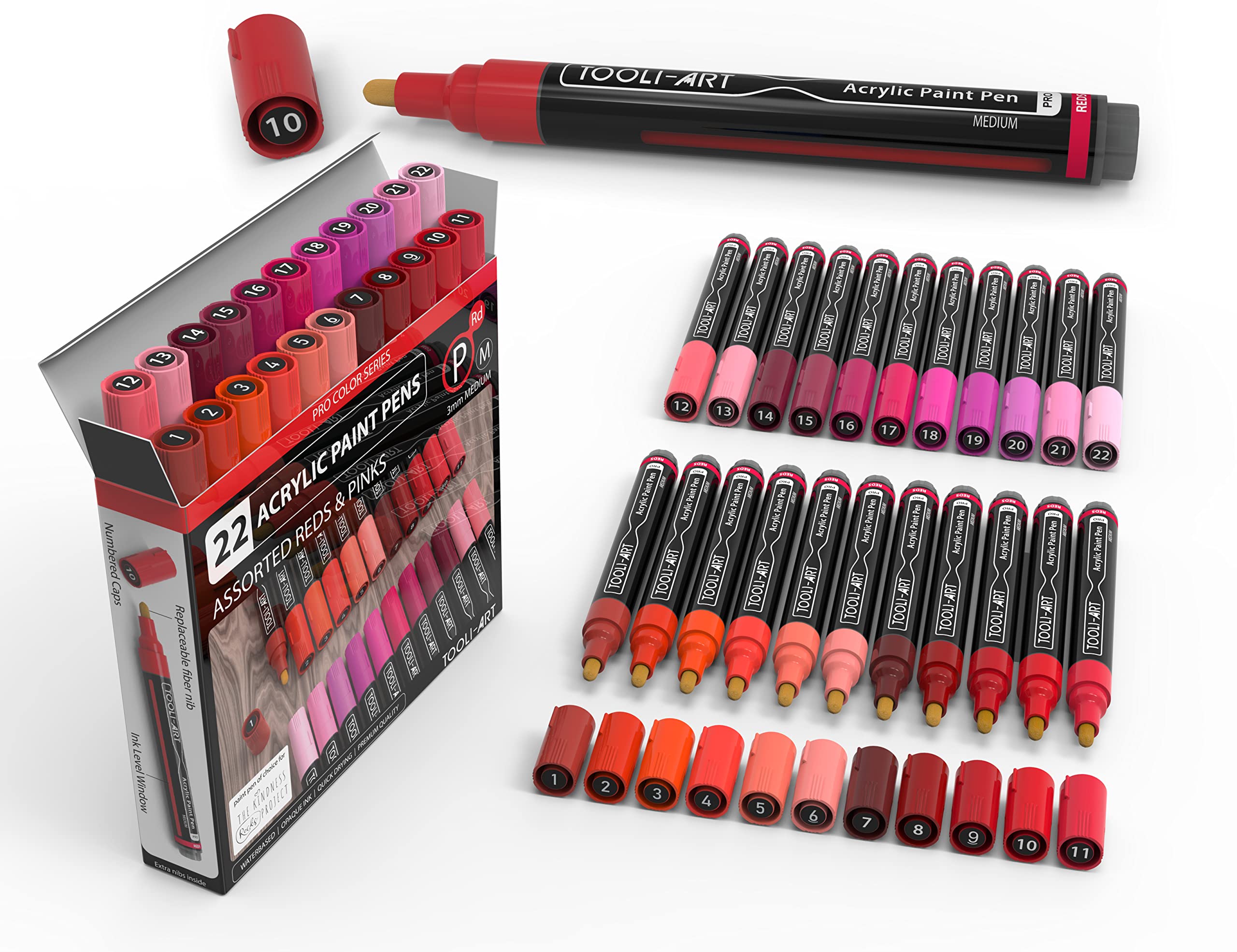 TOOLI-ART 22 Acrylic Paint Markers Paint Pens Pro Color Series Set 3mm Medium Tip for Rock Painting, Glass, Mugs, Wood, Metal, Glass Paint, Canvas, DIY. Non Toxic, Waterbased, Quick Drying (REDS)