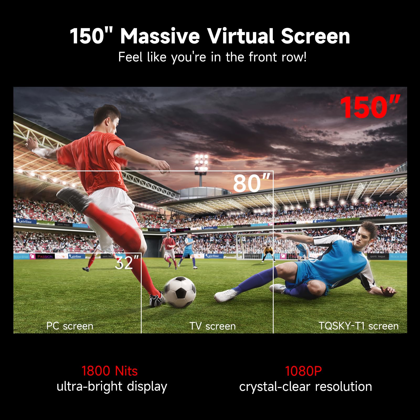 TQSKY T1 AR Glasses with TBOX, Smart Glasses Trendy Tech Gadgets, Video Glasses with 150'' 1800-Nit Ultra-Sharp Screen& -6.00D Adjustment, for Watching Live Sports, Movies, Reading and Entertainment