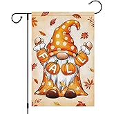Heyfibro Fall Gnome Garden Flag 12x18 Double Sided Burlap, Autumn Pumpkin Maple Leaves Yard Flags for Thanksgiving Rustic Seasonal Outside Outdoor Decoration (ONLY FLAG)