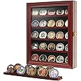 Wooden Challenge Coin Holder Display Case with HD Tempered Glass, 5 Rows Medal Shadow Box with Removable 2-Groove Shelves Poker Chip Rack for Collectors, Wall Mountable or Tabletop Display, Mahogany