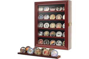 DECOWOODO Wooden Challenge Coin Holder Display Case with HD Tempered Glass, 5 Rows Medal Shadow Box with Removable 2-Groove Shelves Poker Chip Rack for Collectors, Wall Mountable or Tabletop Display, Mahogany