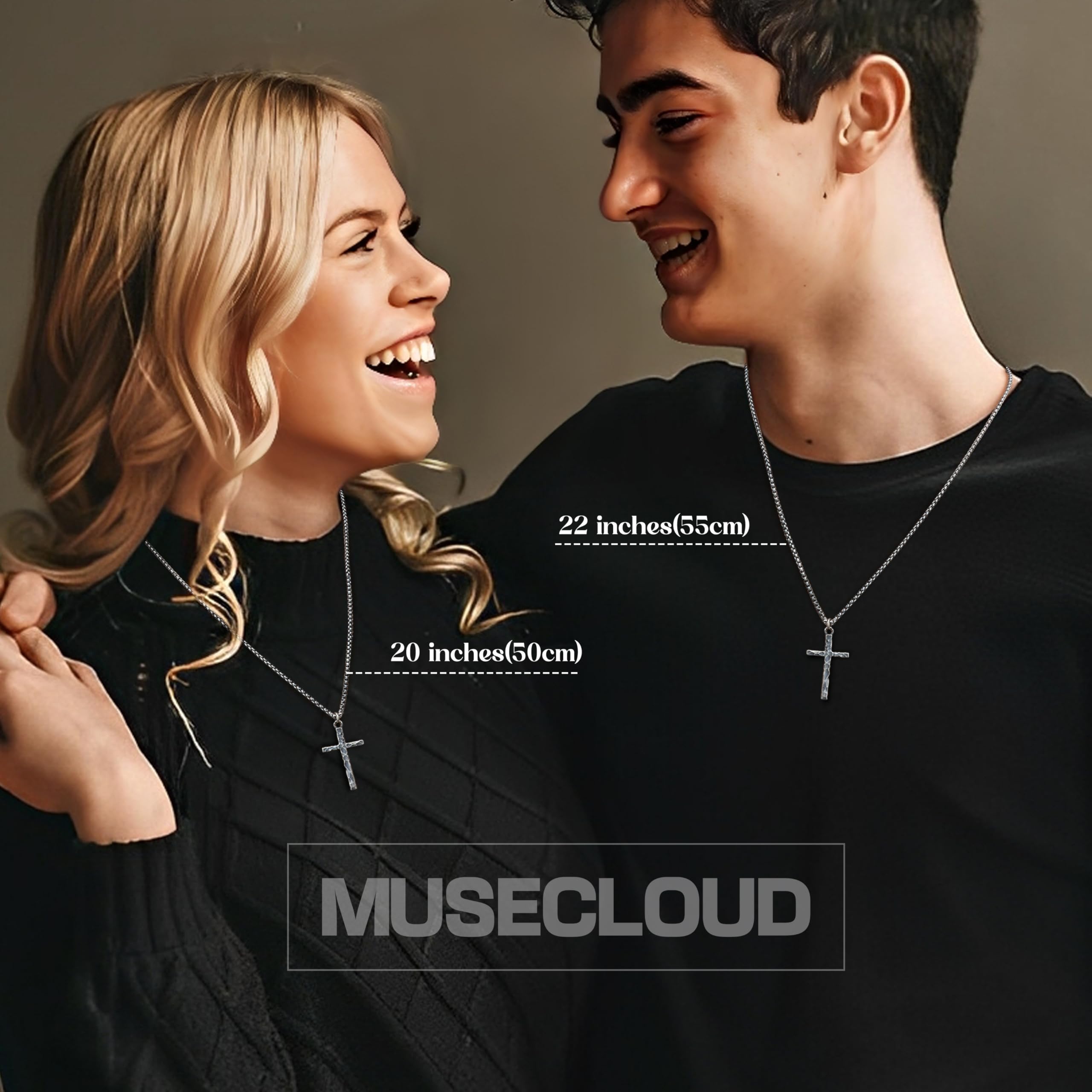 MUSECLOUD 925 Sterling Silver Cross Necklace Men - Oxidized Hammered Cross Pendant with Stainless Steel Box Chain Vintage Unique Crucifix Necklaces Silver Jewelry for Mens Women 18-26 Inches