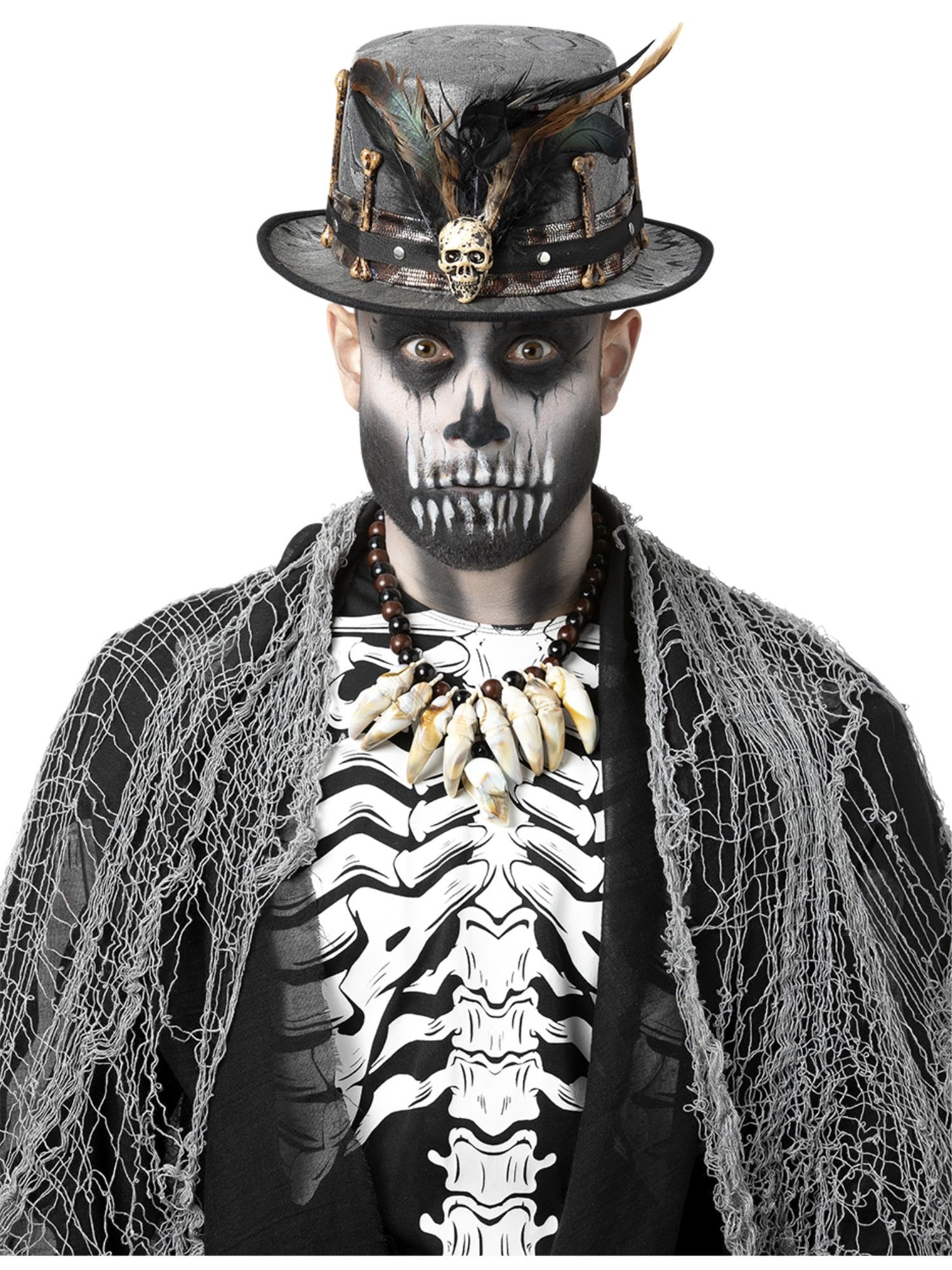 Smiffys Witch Doctor Distressed Black Top Hat with Feathers, Halloween Fancy Dress Accessory, Voodoo Woman Dress Up Hats