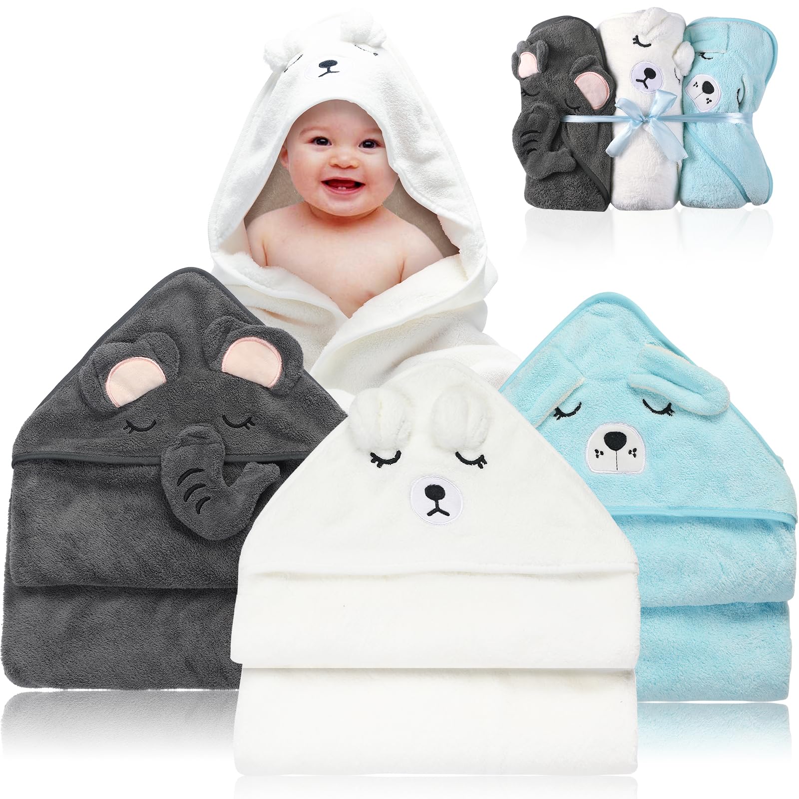 Photo 1 of VZZNN 3 Pack Baby Towels Hooded - Ultra Soft Baby Bath Towels, Newborn Baby Essentials, Premium Absorbentand Hypoallergenic Towels for Toddler Baby Boy and Girl (White, Blue, Gray)