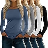 Velvelhall 4 Pack Women's Long Sleeve T-Shirts Boat Neck Fitted Soft Basic Tops Casual Cotton Blend Layering Stretchy Tees