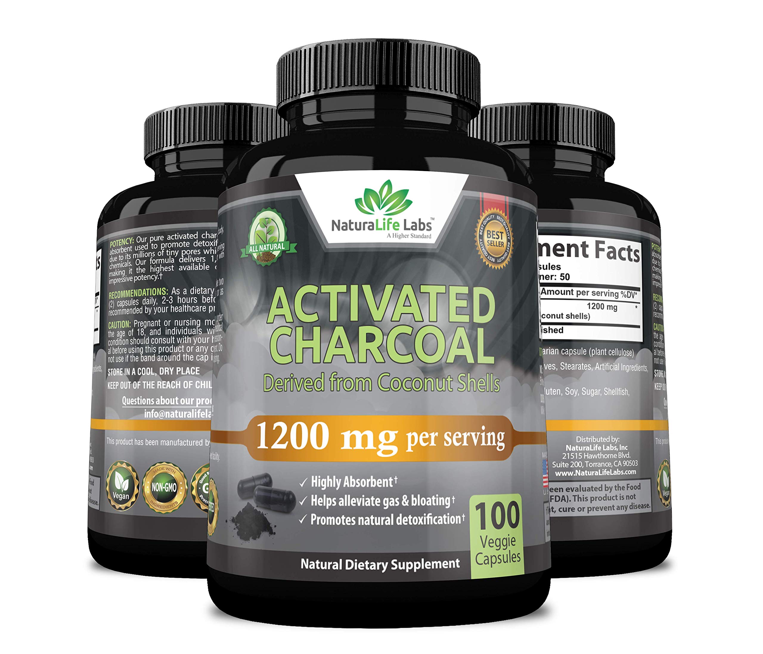 Organic Activated Charcoal Capsules 1,200 mg Highly Absorbent Helps