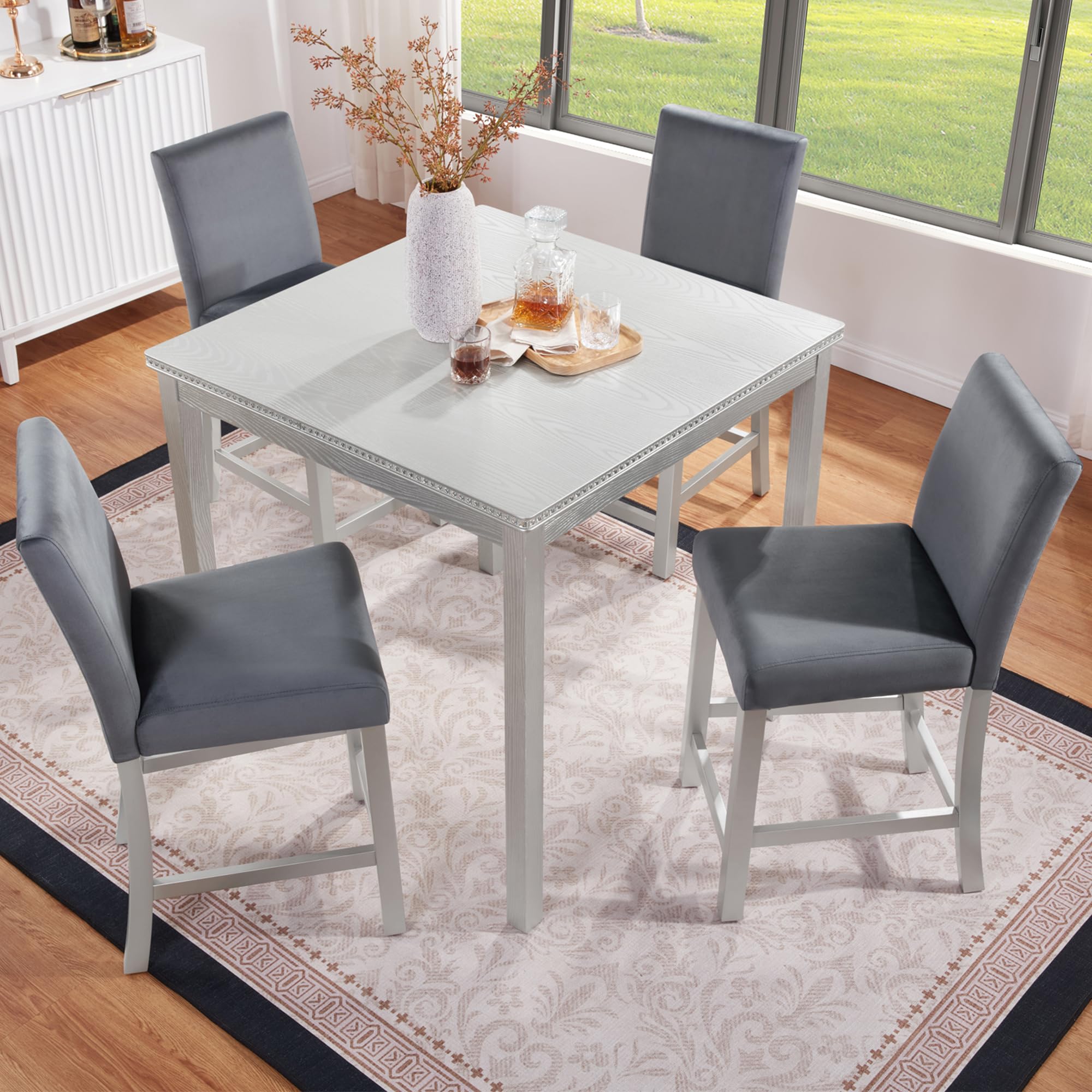 Photo 1 of **chairs only**KEIKI 5-Piece Counter Height Dining Table Set with Square Table and 4 Upholstered Chair, for 4 Person, Classic Crystal Decoration Wooden Table Set, Easy Assembly, for Kitchen, Dining Room, Silver Grey