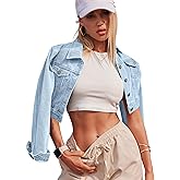 Grabsa Women's Button Down Long Sleeve Cropped Denim Jean Jacket with Pockets