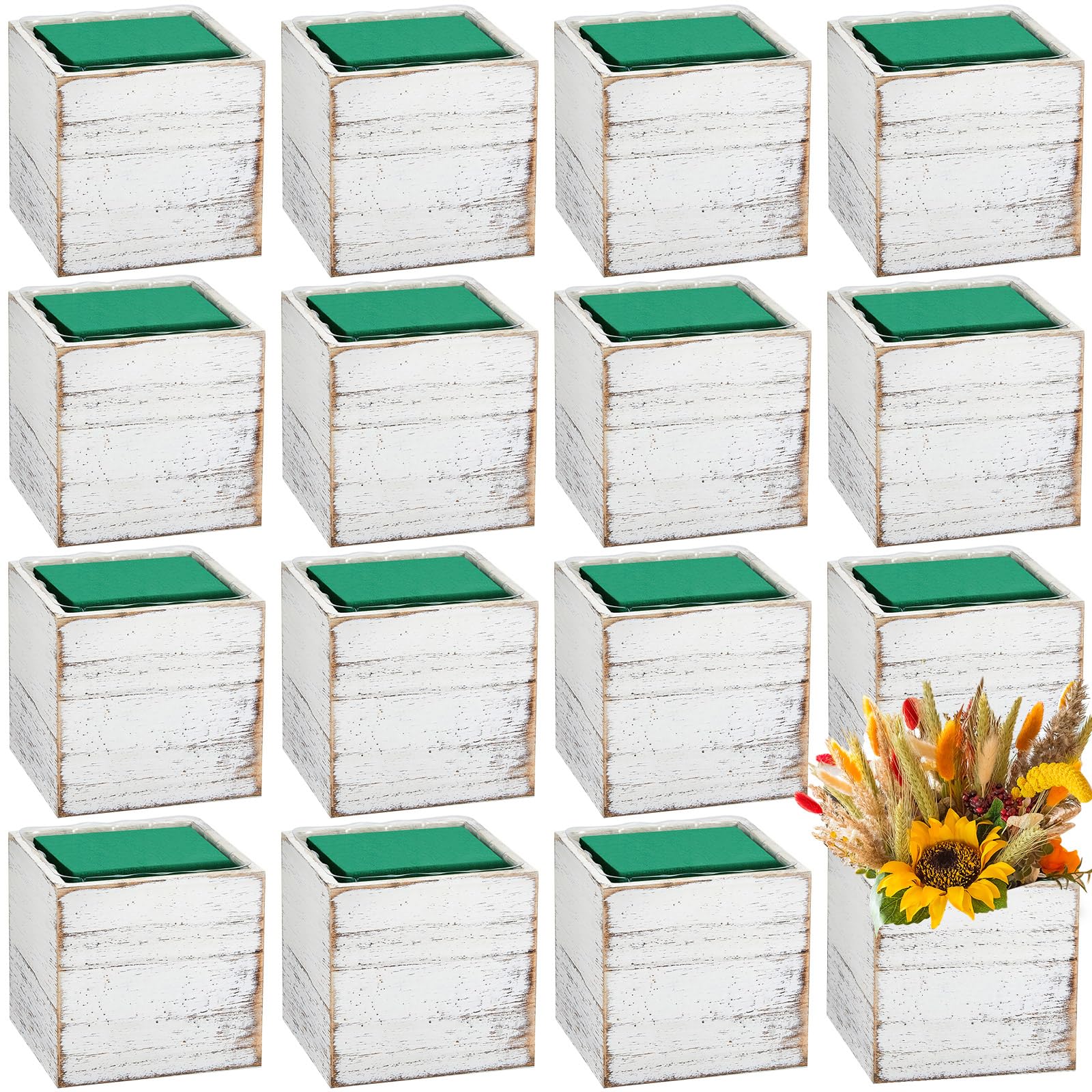 Photo 1 of Dandat 18 Sets Wooden Cube Planter Boxes for Centerpiece 4 Inch Flower White Wood Rustic Square Vase with Removable Plastic Liner Floral Foam Block for Garden Wedding Christmas Home Arrangement Decor