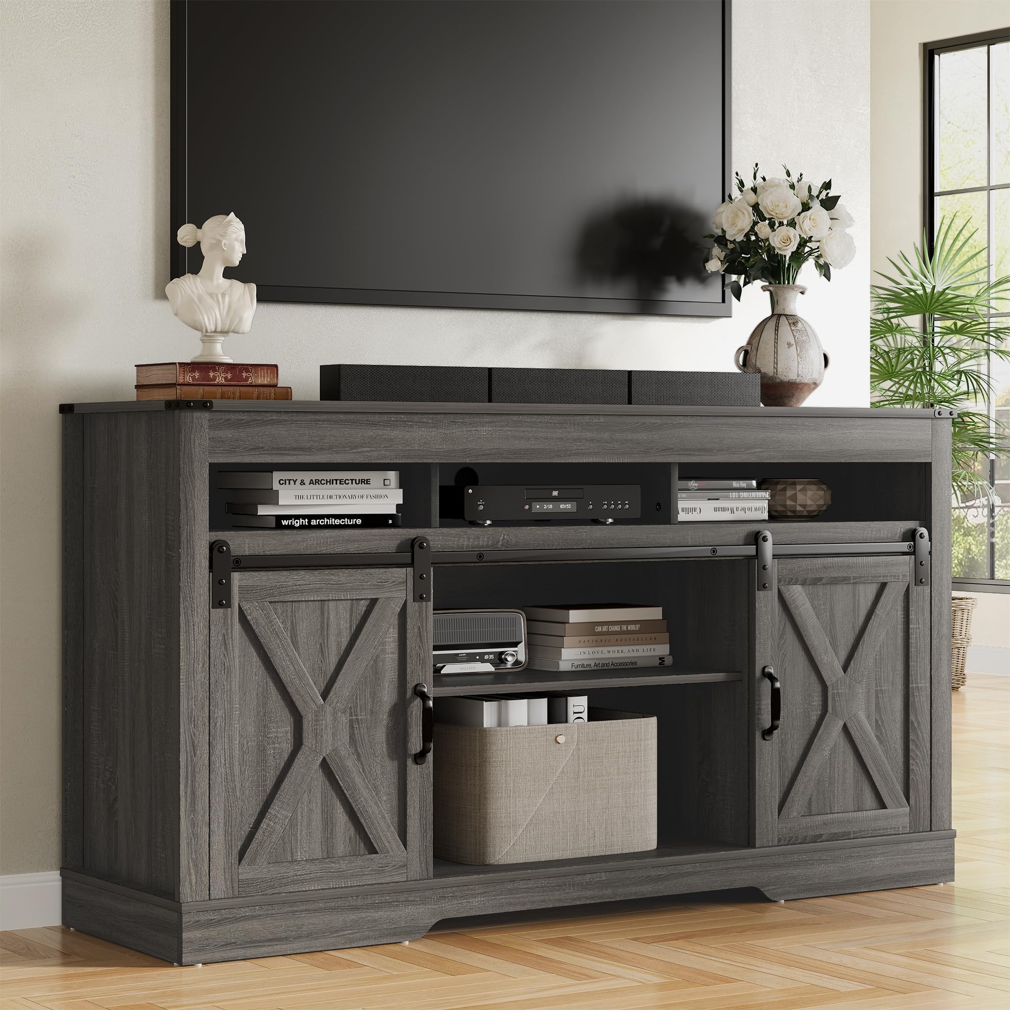 Photo 1 of ***FINAL SALE/NO RETURN, SOLD AS PARTS*** RoyalCraft TV Stand for 65+ Inch TV: Farmhouse Entertainment Center with Storage, Wood TV Console Cabinets with Sliding Barn Door, Tall Media with Adjustable Shelves for Living Rooms, Gray