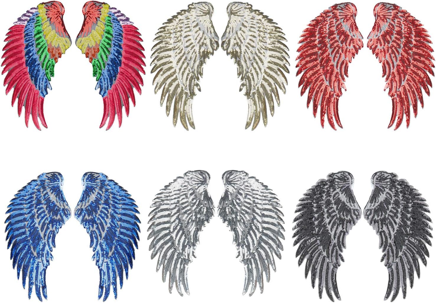 Calculs 6 Pair Sequin Angel Wings Iron On Patches DIY Sequin Applique Wings for Bags of 6 Colours 13" L