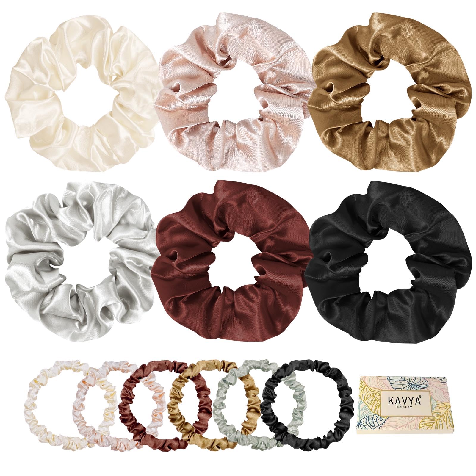 Kavya Silk Scrunchies - Satin & Silk Bobbles Elastic Hair Ties for Ponytail Holders - Women's Hair Accessories (12 Pcs)