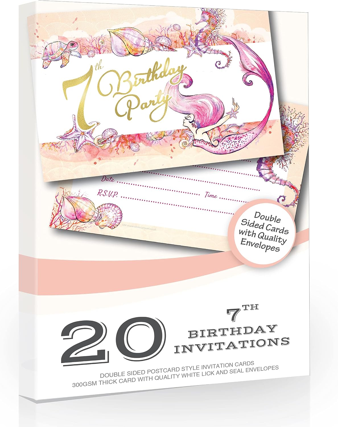 Olivia Samuel 20 x Mermaid 7th Birthday Party Invitations from Ready to Write with Envelopes, Pink, Coral, Pack20