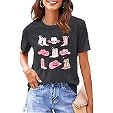HQP Western Graphic Tees for Women Cowgirl Pink Boots Shirt Country Concert Short Sleeve Vintage Cowgirl Tops