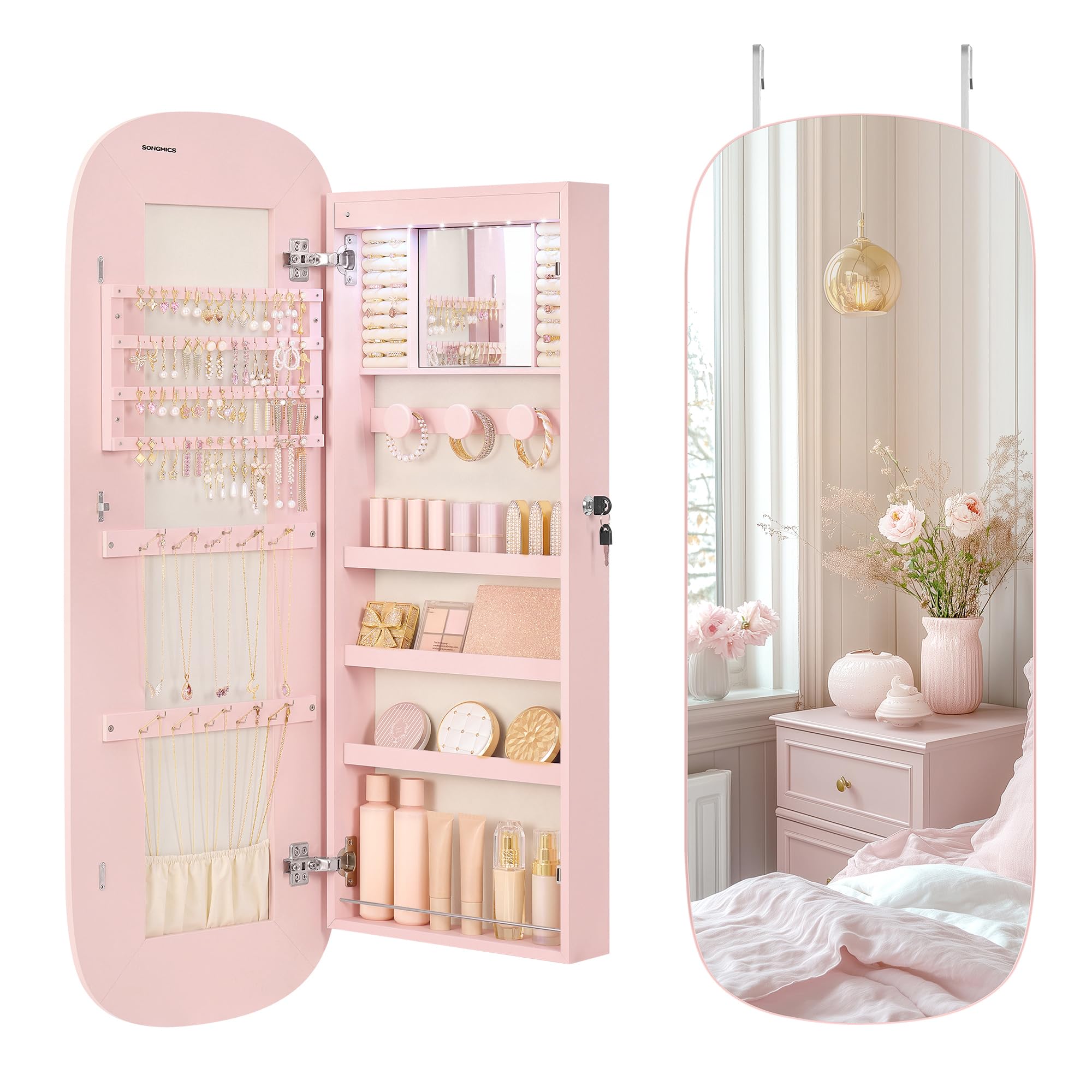 SONGMICS Jewelry Organizer, LED Jewelry Cabinet Wall/Door Mounted, Lockable Rounded Wide Mirror with Storage, Interior Mirror, 3.9 x 16.5 x 42.5 Inches, Jelly Pink Surface with Cream White Lining Image