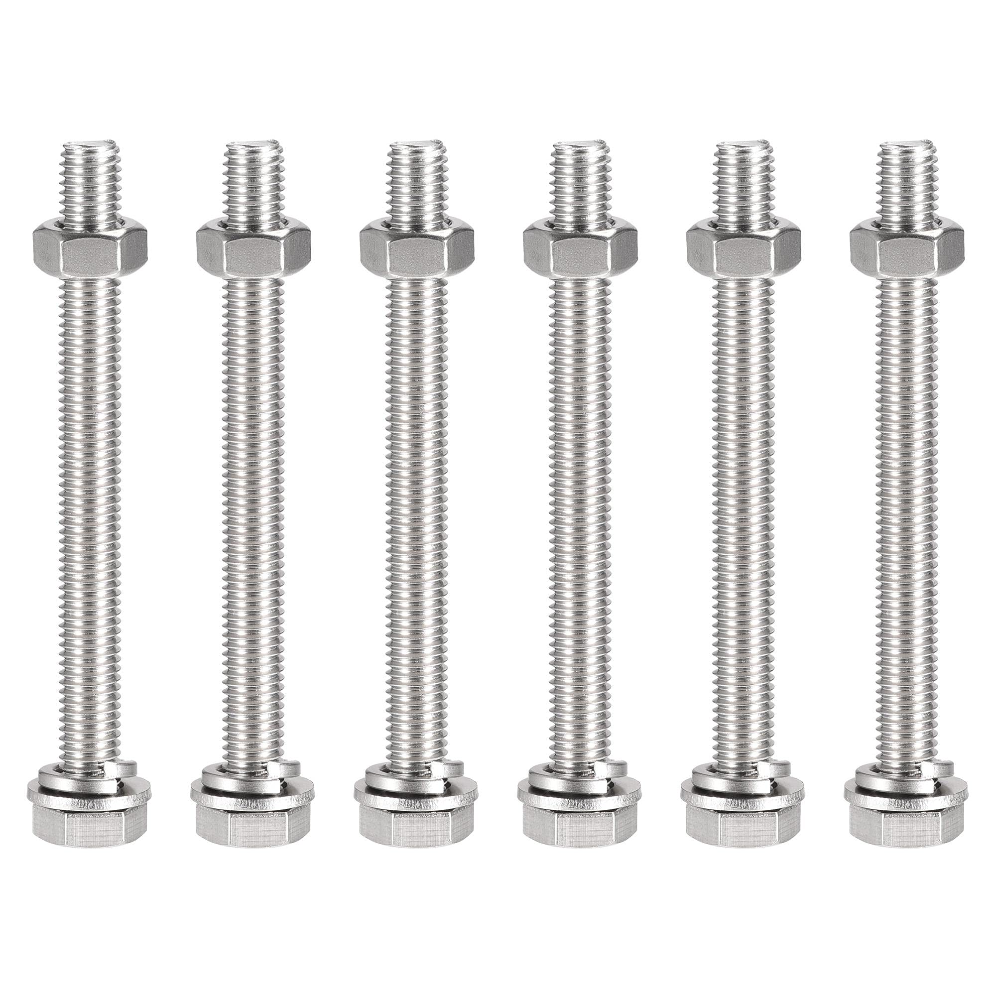 sourcing map M10 x 110mm Hex Head Screws Bolts, Nuts, Flat & Lock Washers Kits, 304 Stainless Steel Fully Thread Hexagon Bolts 6 Sets
